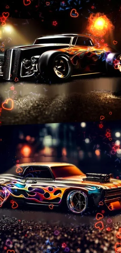 Vintage cars with flame designs and heart accents on dark background.