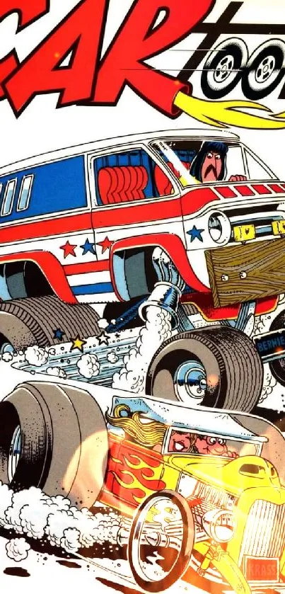 Vintage cartoon cars with monster trucks and hot rods racing.