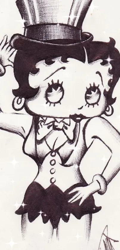 Sketch of a vintage cartoon character in black and white, wearing a top hat.