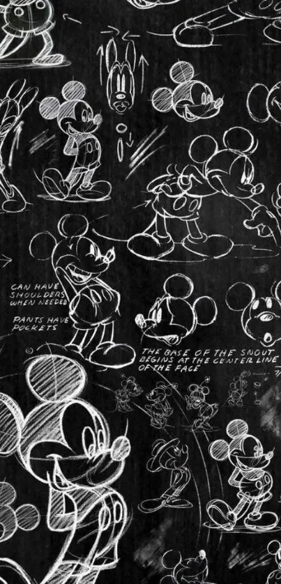 Vintage cartoon character sketches on black background.