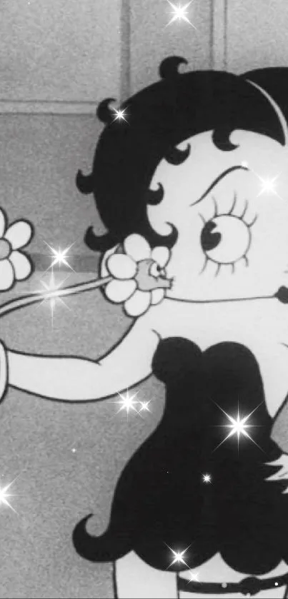 Black and white vintage cartoon character holding flowers.