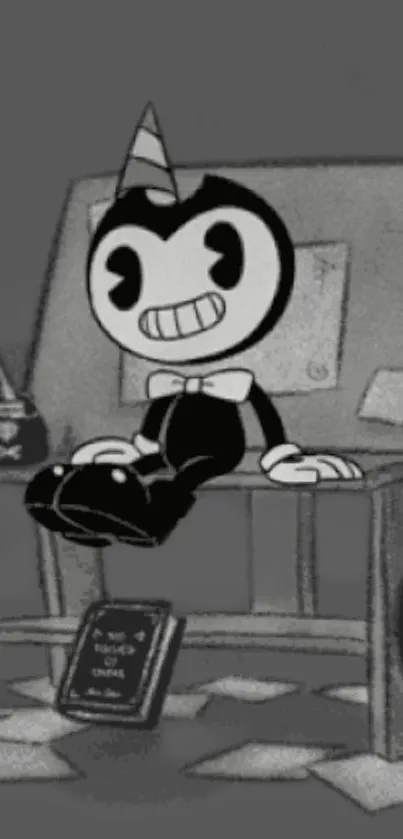 Vintage monochrome cartoon character sitting on a desk in classic style.