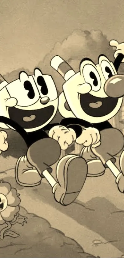 Classic cartoon wallpaper with animated characters in sepia tones.