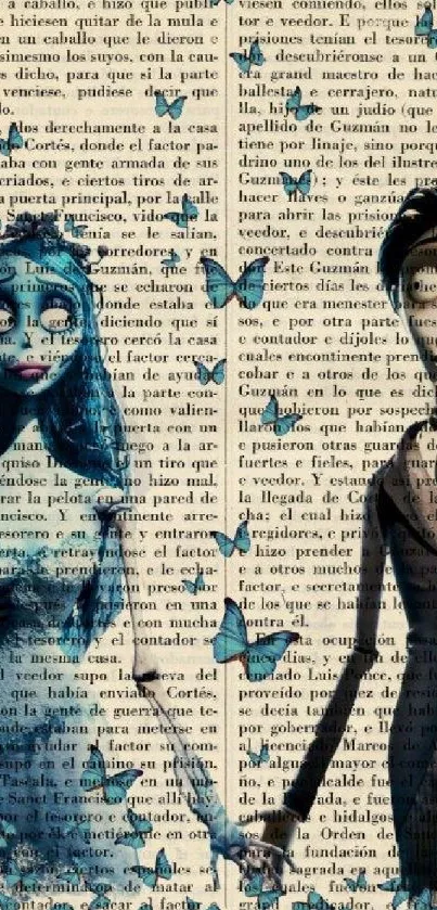 Vintage cartoon couple with blue butterflies on a text background wallpaper.