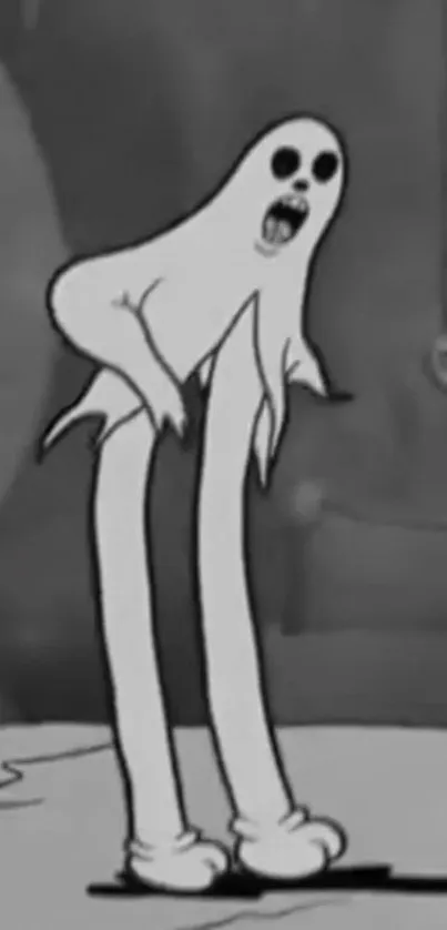 Vintage cartoon ghost with long legs in spooky black and white style.