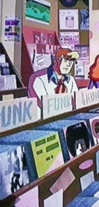 Cartoon characters in retro music store scene.