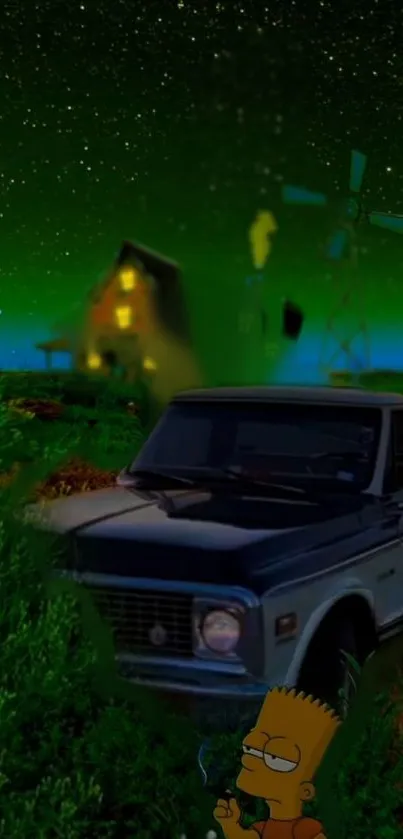 Vintage car with cartoon amidst green night landscape with stars.