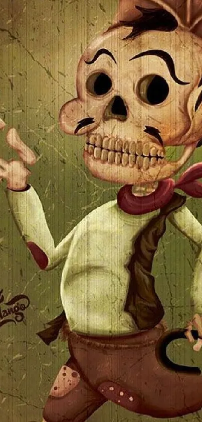 Vintage cartoon skeleton with a rustic style on a phone wallpaper.