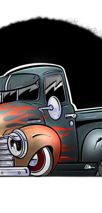 Cartoon vintage truck with orange flames on a black background.