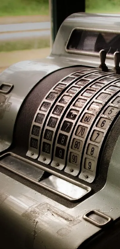 Vintage cash register mobile wallpaper with retro aesthetic and gray tones.