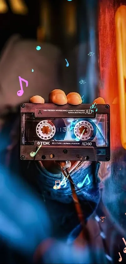 Urban style wallpaper with retro cassette and neon glow.