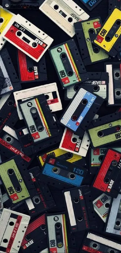 Colorful vintage cassette tape collage wallpaper.