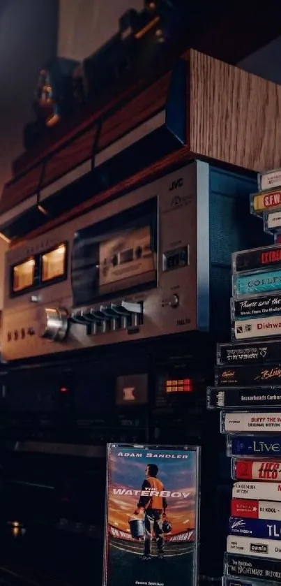 Vintage cassette player with colorful tapes stacked beside it.