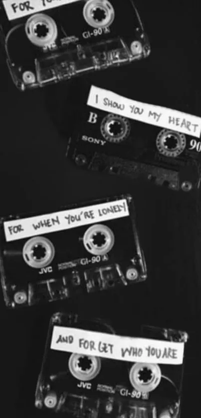 Black and white vintage cassette tapes wallpaper for mobile.