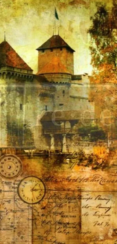 Vintage castle and clock mobile wallpaper with sepia tones.