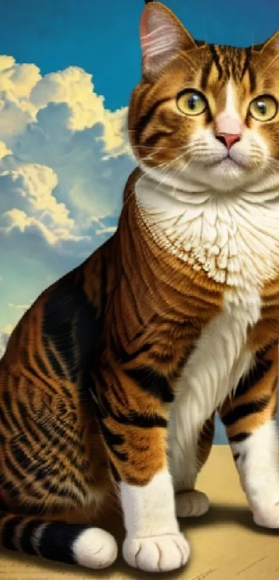 Tabby cat against a vintage sky with clouds wallpaper.