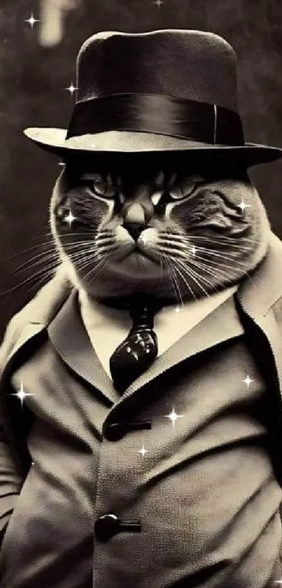 Stylish cat in vintage suit wallpaper with a classic retro feel.