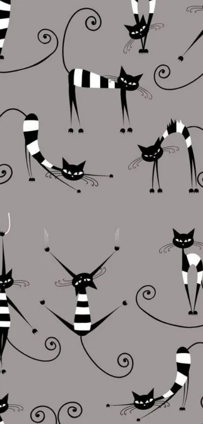 Whimsical vintage cat pattern on a gray wallpaper background.