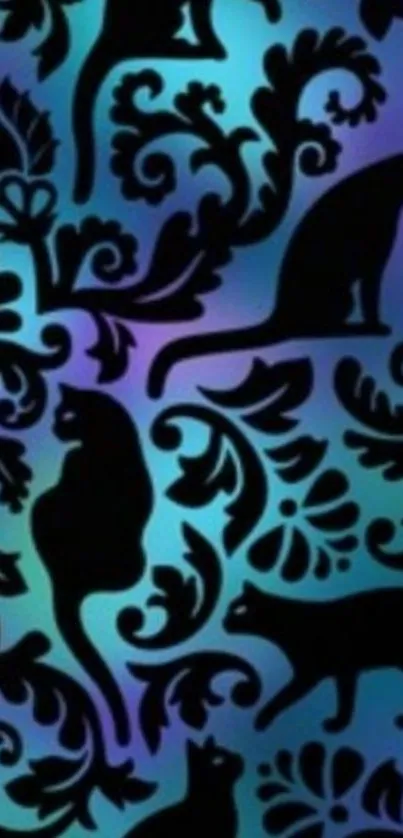 Vintage cat silhouettes on blue floral background.