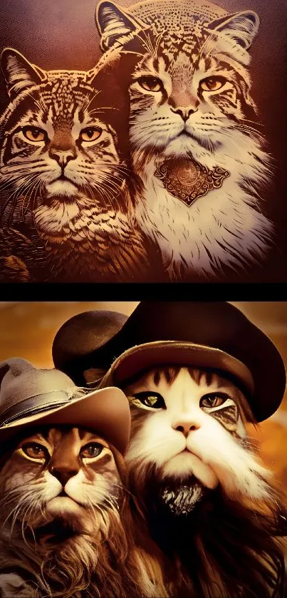 Vintage cats in stylish hats mobile wallpaper.