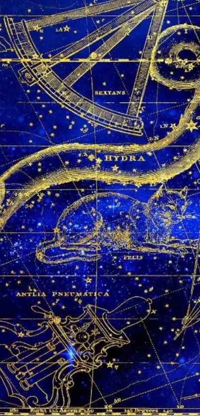 Vintage celestial map with constellations in blue and gold.