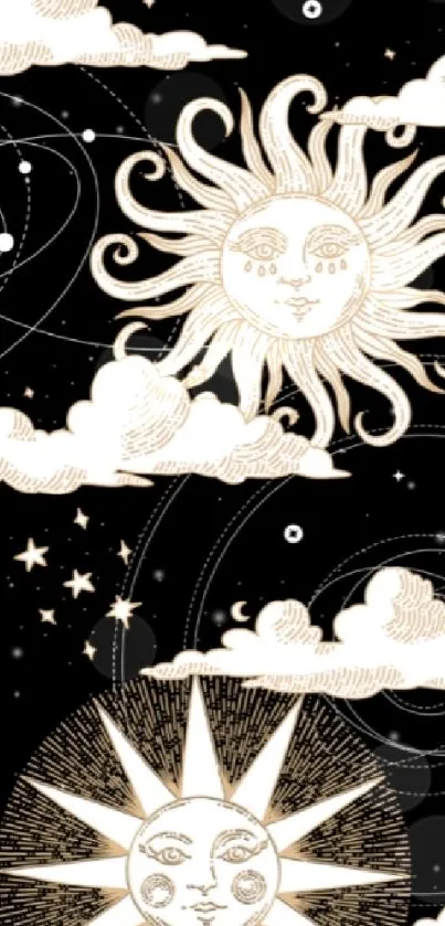 Vintage celestial wallpaper with sun, moon, and stars on black background.