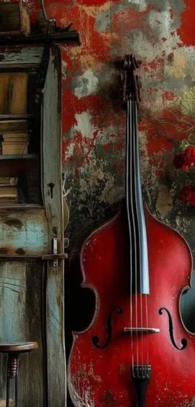 Vintage cello against a rustic background with red tones.