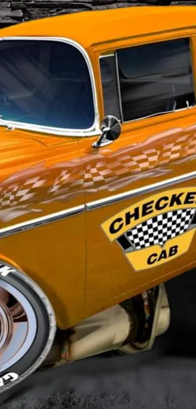 Vintage yellow Checker Cab with retro style design on mobile wallpaper.