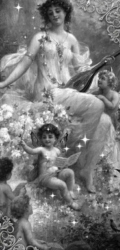 Black and white illustration of cherubs and fairies with ornate details.