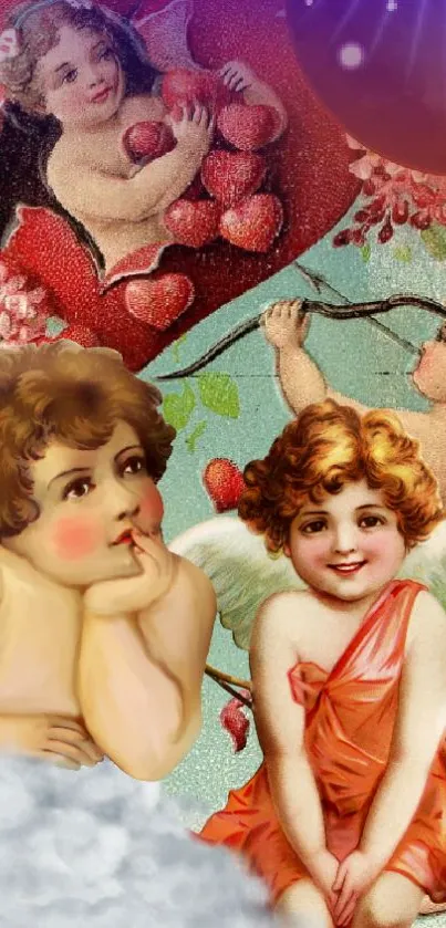 Vintage cherub angels with heart theme in vibrant colors.