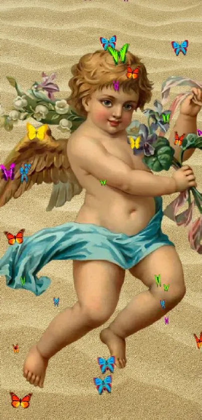 Vintage cherub on sandy background with flowers.