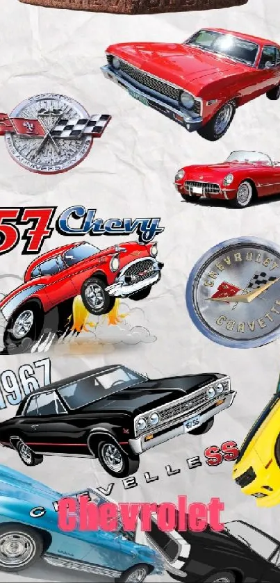 Collage of vintage Chevrolet cars in vibrant colors on a mobile wallpaper.