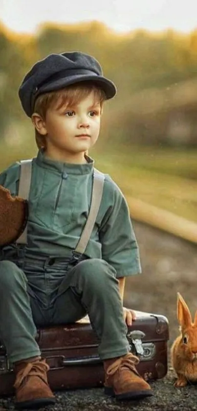 Child in vintage clothing with rabbit, outdoors.