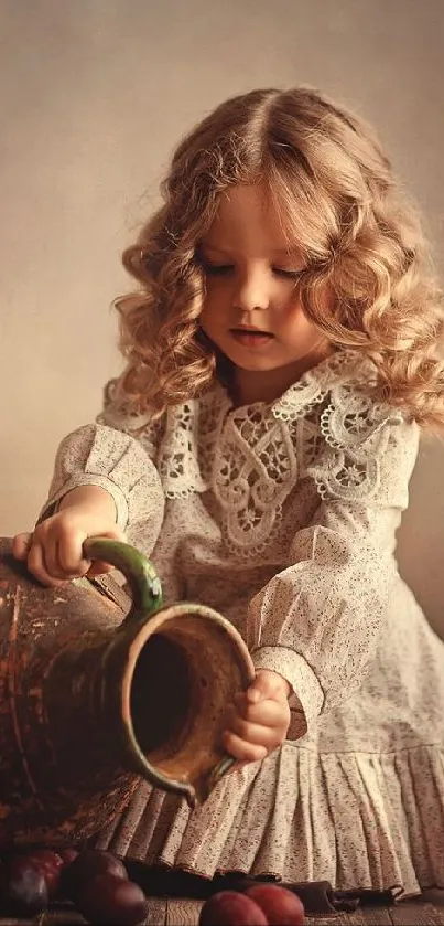 Vintage-inspired wallpaper of a child in a lace dress with a rustic background.