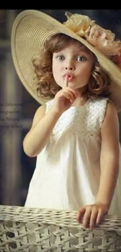 Vintage child in sun hat portrait wallpaper.