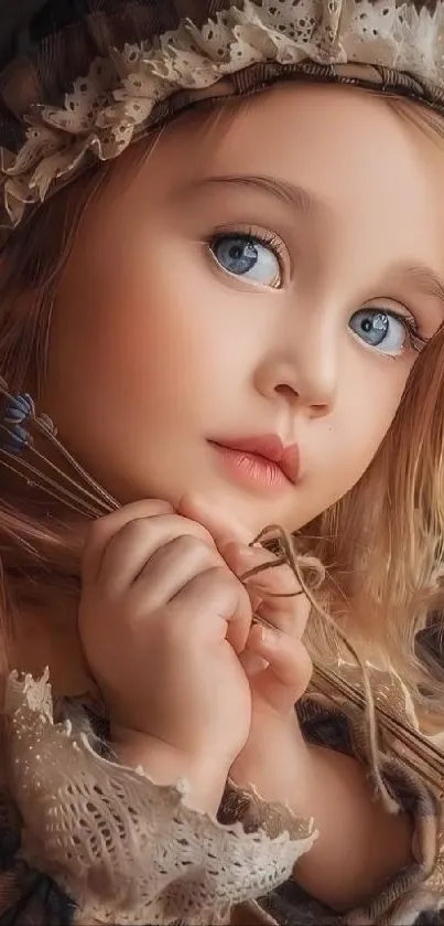 Vintage-inspired portrait of a young child with blue eyes in period attire.