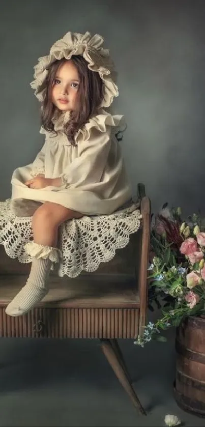 Vintage child in period attire sits beside a floral display, exuding elegance.