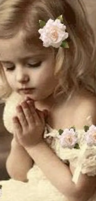 Vintage wallpaper featuring a child in prayer with roses in sepia tone.