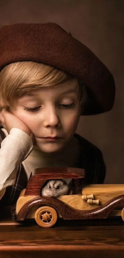 Vintage wallpaper of a child with a toy car.