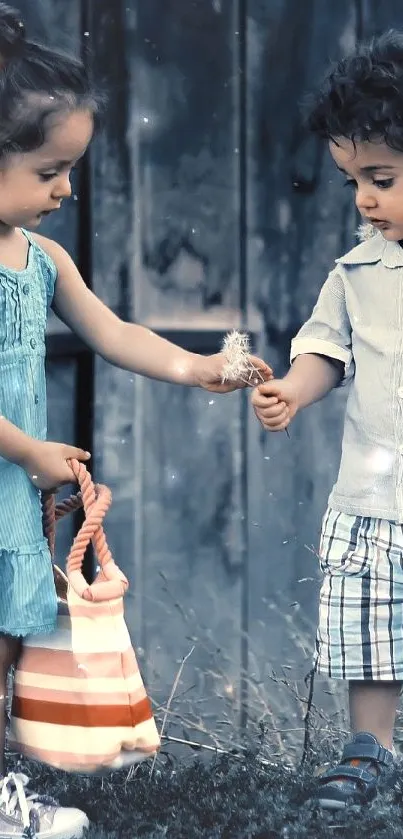 Two children share a moment in a vintage rustic setting.