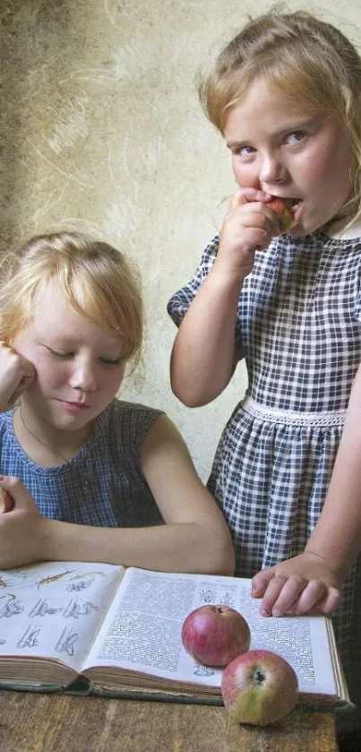 Two young girls reading with apples on a table in a vintage style setting.