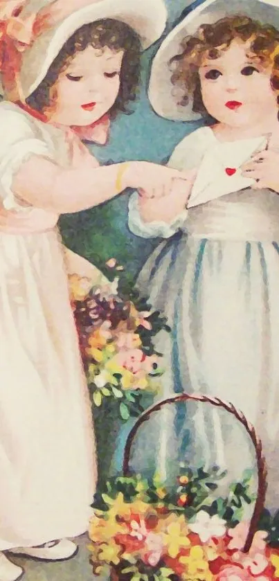 Vintage art of children with flowers and letter.