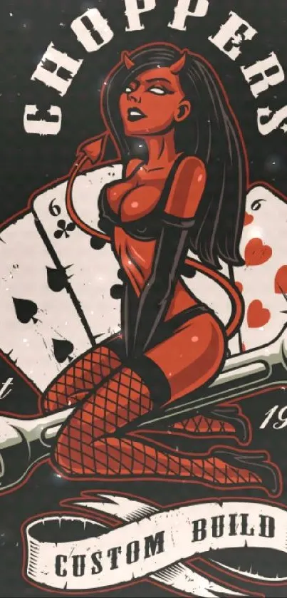 Vintage chopper-themed wallpaper with retro woman and playing cards.