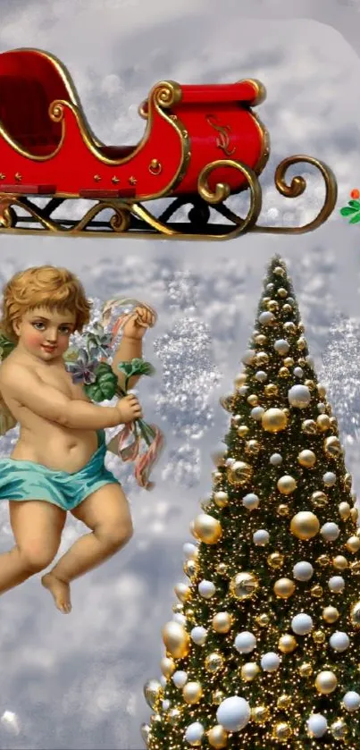 Vintage Christmas wallpaper with angel, sleigh, and Christmas tree.