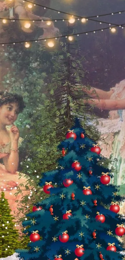 Vintage Christmas scene with festive decorations and a decorated tree.