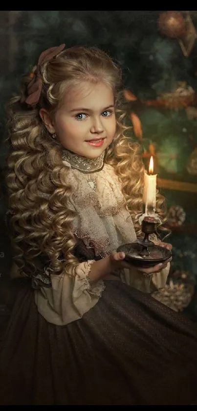 A young girl with curls holds a candle in a vintage Christmas setting.