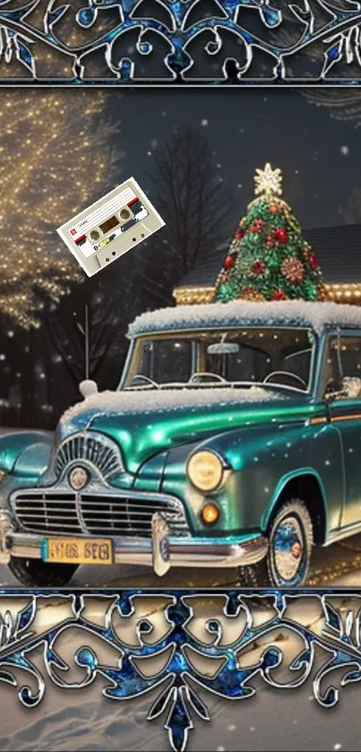 Vintage car with Christmas tree in ornate metallic frame.