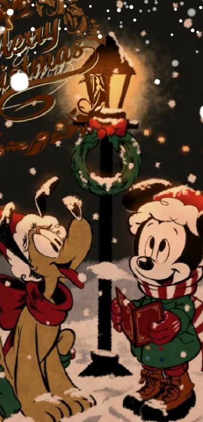 Vintage Christmas cartoon wallpaper with Mickey and Pluto in snow.