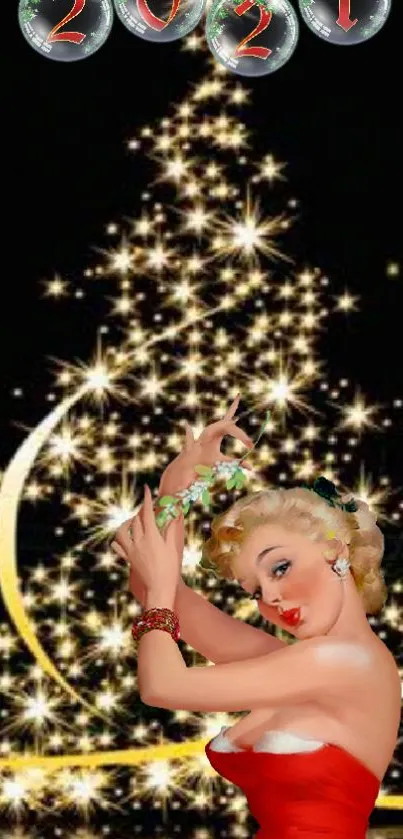 Vintage Christmas pin-up in front of a sparkling tree with 2021 decor.