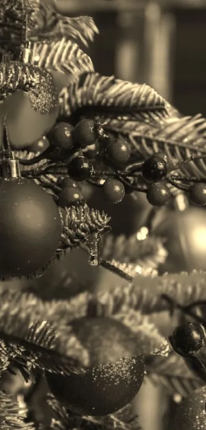 Vintage sepia wallpaper with Christmas ornaments and pine needles.